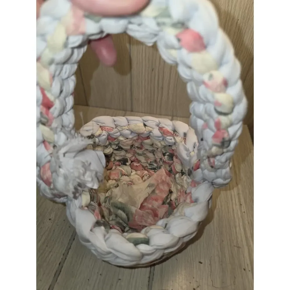 Vintage Hand Crafted Woven Knotted Cloth Basket Spring Easter Pastel Blue Pink
